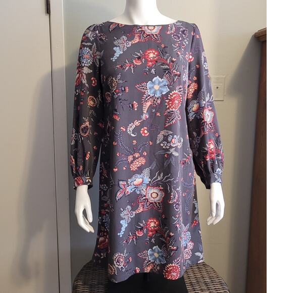 Loft Floral Shift Dress Sz 6 Long Sleeve Stretch Crepe Fall Quietlux Minimalist - Picture 9 of 9